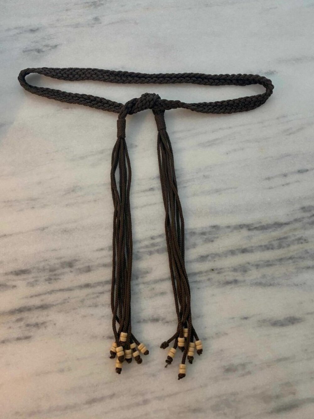 Vintage Dark Brown Braided Belt With Beads and Fringe